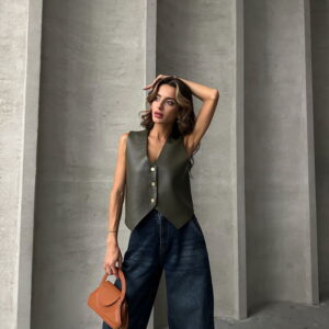 Button Detailed Leather Vest - Brand: Topshow - Women & Kids, Baby Clothes Wholesale - TheBS Women