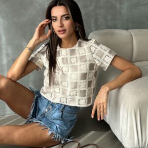 Raw Stone Short Sleeve Checker Pattern Crochet Blouse - Brand: Topshow - Women & Kids, Baby Clothes Wholesale - TheBS Women