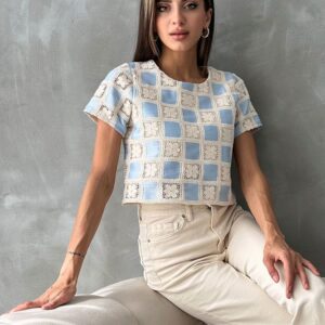 RawShort Sleeve Checkerboard Pattern Crochet Blouse - Brand: Topshow - Women & Kids, Baby Clothes Wholesale - TheBS Women