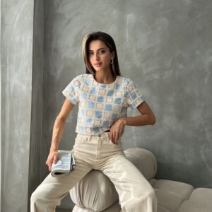 RawShort Sleeve Checkerboard Pattern Crochet Blouse - Brand: Topshow - Women & Kids, Baby Clothes Wholesale - TheBS Women