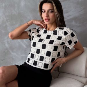 Short Sleeve Checkerboard Pattern Blouse -& White - Brand: Topshow - Women & Kids, Baby Clothes Wholesale - TheBS Women