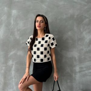 Short Sleeve Checkerboard Pattern Blouse -& White - Brand: Topshow - Women & Kids, Baby Clothes Wholesale - TheBS Women