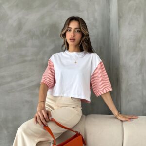 Orange Striped Poplin Sleeve T-shirt - Brand: Topshow - Women & Kids, Baby Clothes Wholesale - TheBS Women