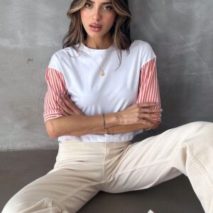 Orange Striped Poplin Sleeve T-shirt - Brand: Topshow - Women & Kids, Baby Clothes Wholesale - TheBS Women