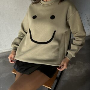Mold Green Smile Süzene Embroidered 3 Thread Raised Wide Cut Sweatshirt 28313 - Brand: First Angels - Women & Kids, Baby Clothes Wholesale - TheBS Women