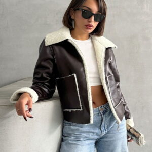 CoffeeLaminated Leather Zippered Coat - Brand: Topshow - Women & Kids, Baby Clothes Wholesale - TheBS Women