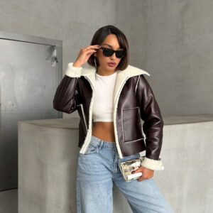 CoffeeLaminated Leather Zippered Coat - Brand: Topshow - Women & Kids, Baby Clothes Wholesale - TheBS Women