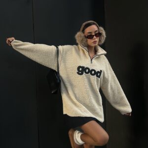 Beige Plush Half Zipper Oversize Embroidered Sweatshirt 28354 - Brand: First Angels - Women & Kids, Baby Clothes Wholesale - TheBS Women