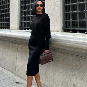 Backless Balloon Sleeve Midi Knit Dress - Black - Brand: Sobe Istanbul - Women & Kids, Baby Clothes Wholesale - TheBS Women