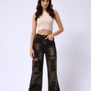 Laser Cut Wide Leg High Waist Jean - Snow Wash Smoked - Brand: Black Fashion - Women & Kids, Baby Clothes Wholesale - TheBS Women