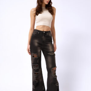 Laser Cut Wide Leg High Waist Jean - Snow Wash Smoked - Brand: Black Fashion - Women & Kids, Baby Clothes Wholesale - TheBS Women