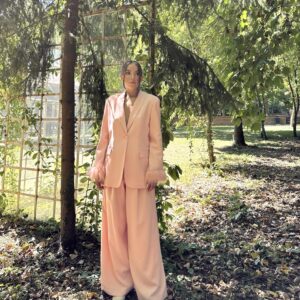 Feathered Sleeves Jacket & Trouser Suit - Powder - Brand: Elisa - Women & Kids, Baby Clothes Wholesale - TheBS Women