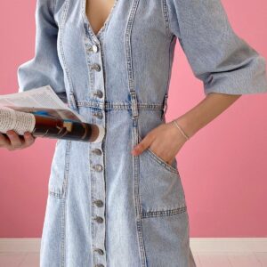 Balloon Sleeve Denim Dress - Snow Wash - Brand: Elisa - Women & Kids, Baby Clothes Wholesale - TheBS Women