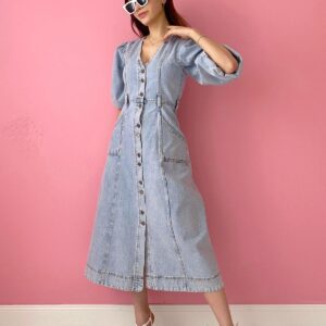 Balloon Sleeve Denim Dress - Snow Wash - Brand: Elisa - Women & Kids, Baby Clothes Wholesale - TheBS Women
