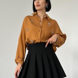 Striped Crystal Stone Classic Shirt - Brown - Brand: Elisa - Women & Kids, Baby Clothes Wholesale - TheBS Women