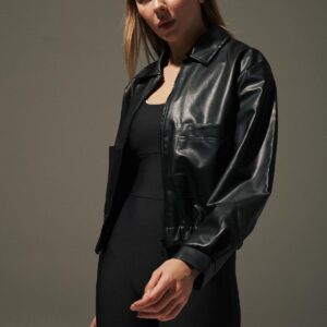 Pocket Detail Elastic Waist Faux Leather Women's Jacket Black - Brand: Levure - Women & Kids, Baby Clothes Wholesale - TheBS Women