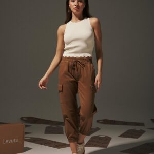 Gabardine Waist Elastic Women's Trousers - Tan - Brand: Levure - Women & Kids, Baby Clothes Wholesale - TheBS Women