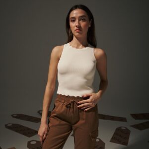 Gabardine Waist Elastic Women's Trousers - Tan - Brand: Levure - Women & Kids, Baby Clothes Wholesale - TheBS Women