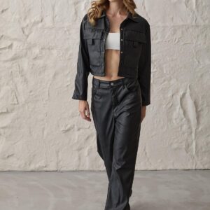 Snap Detailed Long Sleeve Leather Coat Black - Brand: Levure - Women & Kids, Baby Clothes Wholesale - TheBS Women