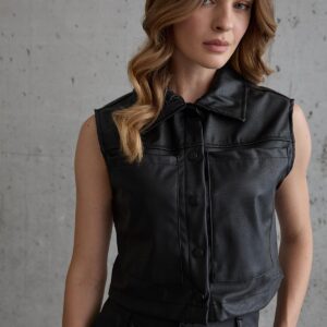 Snap Detail Sleeveless Leather Vest Black - Brand: Levure - Women & Kids, Baby Clothes Wholesale - TheBS Women