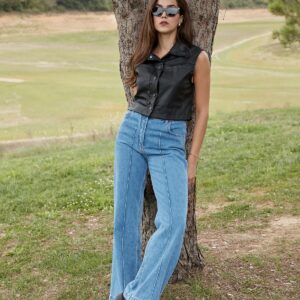 Button Detailed Wide Leg Jeans - Blue - Brand: Levure - Women & Kids, Baby Clothes Wholesale - TheBS Women