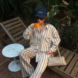 Striped Wide Cut Viscose Fabric Shirt And Pants Set 29046 - Brand: First Angels - Women & Kids, Baby Clothes Wholesale - TheBS Women