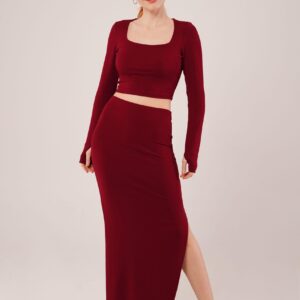 Square Collar Blouse And Slit Detailed Skirt Wholesale Double Burgundy Suit - Brand: Lustrin - Women & Kids, Baby Clothes Wholesale - TheBS Women