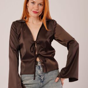 Front Drawstring Detailed Satin WholesaleBlouse - Brand: Lustrin - Women & Kids, Baby Clothes Wholesale - TheBS Women