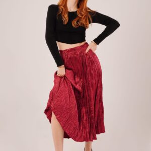 Midi Length Pleated Satin Wholesale Burgundy Skirt - Brand: Lustrin - Women & Kids, Baby Clothes Wholesale - TheBS Women