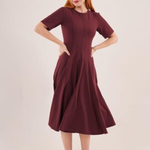 Stitching Detailed Short Sleeve Wholesale Burgundy Long Dress - Brand: Lustrin - Women & Kids, Baby Clothes Wholesale - TheBS Women