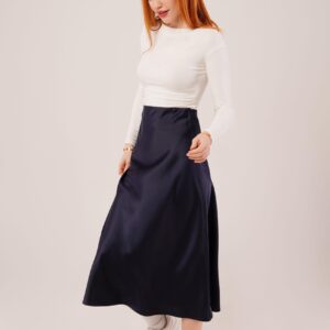 Bell Cut Midi Navy Wholesale Satin Skirt - Brand: Lustrin - Women & Kids, Baby Clothes Wholesale - TheBS Women