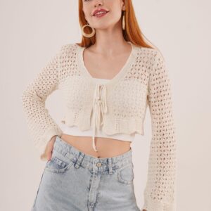 Pre-Tie Openwork Crop WholesaleCardigan - Brand: Lustrin - Women & Kids, Baby Clothes Wholesale - TheBS Women