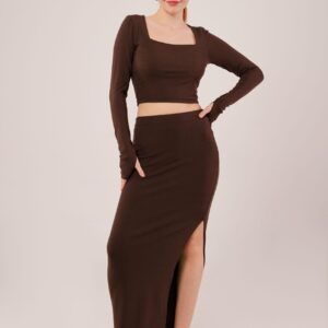 Square Collar Blouse And Slit Detailed Skirt Wholesale DoubleSuit - Brand: Lustrin - Women & Kids, Baby Clothes Wholesale - TheBS Women