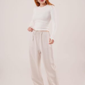 Drawstring Detailed Linen Wholesale Ecru Pants With Pockets - Brand: Lustrin - Women & Kids, Baby Clothes Wholesale - TheBS Women