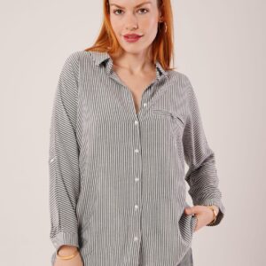 Pocket Detail Striped Oversize Shirt - Gray - Brand: Lustrin - Women & Kids, Baby Clothes Wholesale - TheBS Women
