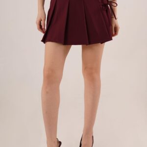 Front Pleated Side Drawstring Detailed Wholesale Burgundy Mini Shorts Skirt - Brand: Lustrin - Women & Kids, Baby Clothes Wholesale - TheBS Women