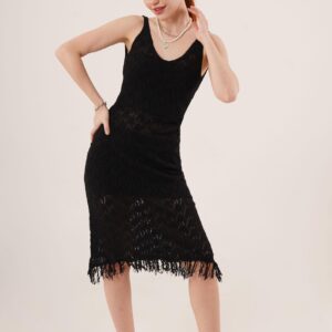 Openwork V Neck Tassel DetailedWholesale Dress - Brand: Lustrin - Women & Kids, Baby Clothes Wholesale - TheBS Women