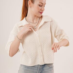 Buttoned Half Sleeve Low Shoulder WholesaleCardigan - Brand: Lustrin - Women & Kids, Baby Clothes Wholesale - TheBS Women