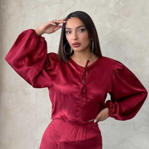 Lace Satin Front Tie Blouse - Burgundy - Brand: Topshow - Women & Kids, Baby Clothes Wholesale - TheBS Women