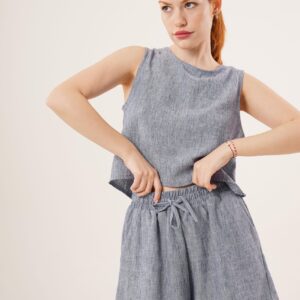 Back Button Detailed Blouse And Shorts With Pockets Double Wholesale Indigo Suit - Brand: Lustrin - Women & Kids, Baby Clothes Wholesale - TheBS Women