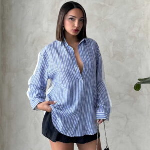 Striped Linen Shirt - Dark - Brand: Topshow - Women & Kids, Baby Clothes Wholesale - TheBS Women