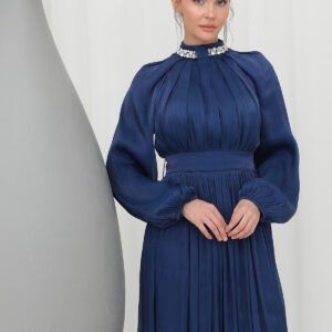 Stone Detailed Chiffon Evening Dress - Navy - Brand: Puane - Women & Kids, Baby Clothes Wholesale - TheBS Women