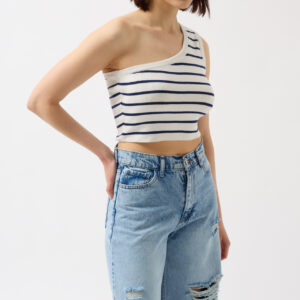 One Shoulder Striped Crop -- Navy - Brand: Black Fashion - Women & Kids, Baby Clothes Wholesale - TheBS Women