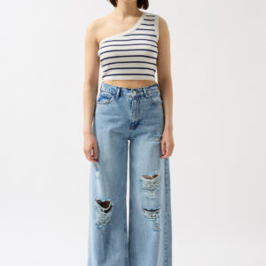 One Shoulder Striped Crop -- Navy - Brand: Black Fashion - Women & Kids, Baby Clothes Wholesale - TheBS Women