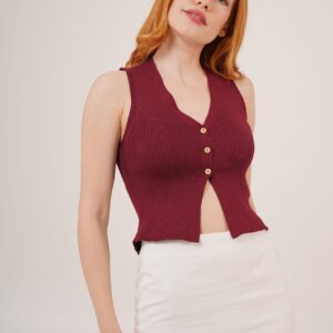 Zero Sleeve Button Detailed Ribbed Burgundy Wholesale Blouse - Brand: Lustrin - Women & Kids, Baby Clothes Wholesale - TheBS Women