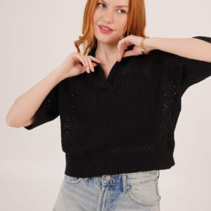 Polo Neck Openwork Black Wholesale Blouse - Brand: Lustrin - Women & Kids, Baby Clothes Wholesale - TheBS Women