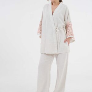 Natur Sleeves Sequin Sequin Embroidered Linen Kimono Jacket And Pants Bottom/Top Set 29061 - Brand: First Angels - Women & Kids, Baby Clothes Wholesale - TheBS Women