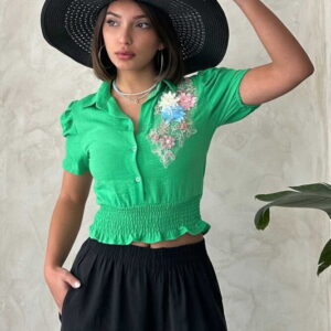 Fıstık D 2651 Linen Shirt With Flowers On The Chest - Brand: Topshow - Women & Kids, Baby Clothes Wholesale - TheBS Women