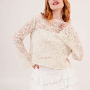 Boat Neck Ruffle Sleeve Detailed Openwork WholesaleBlouse - Brand: Lustrin - Women & Kids, Baby Clothes Wholesale - TheBS Women