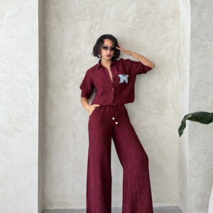 Butterfly Detailed Pleated Shirt - Burgundy - Brand: Topshow - Women & Kids, Baby Clothes Wholesale - TheBS Women